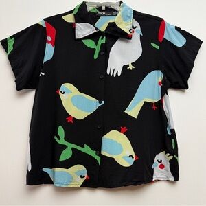 aSQS Multicolor Bird Print Button Down Shirt